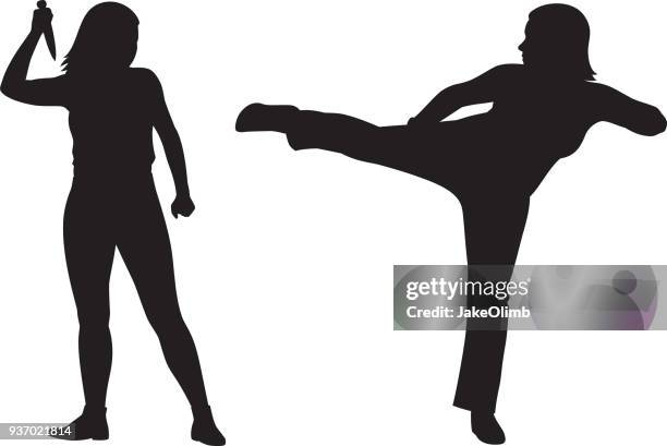 two women fighting silhouettes - stab stock illustrations