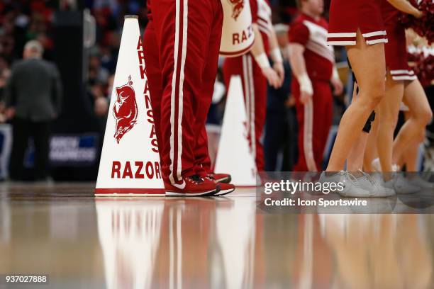 General view of the Arkansas cheerleaders megaphones is seen during the NCAA Division I Men's Championship First Round basketball game between the...