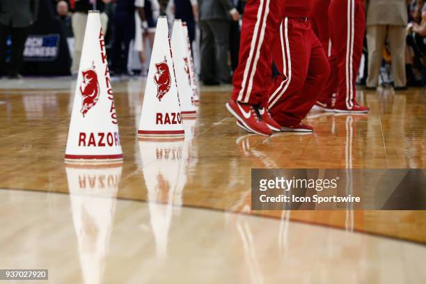 General view of the Arkansas cheerleaders megaphones is seen during the NCAA Division I Men's Championship First Round basketball game between the...