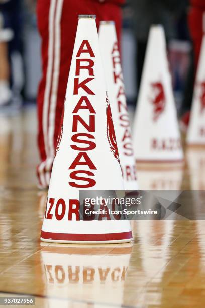 General view of the Arkansas cheerleaders megaphones is seen during the NCAA Division I Men's Championship First Round basketball game between the...