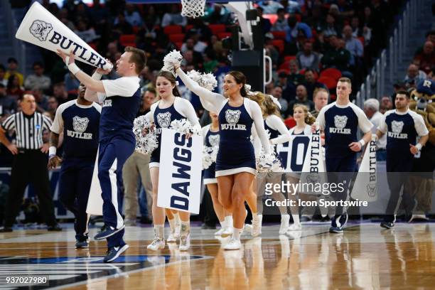 The Butler cheerleaders take the court to entertain during a timeout during the NCAA Division I Men's Championship First Round basketball game...