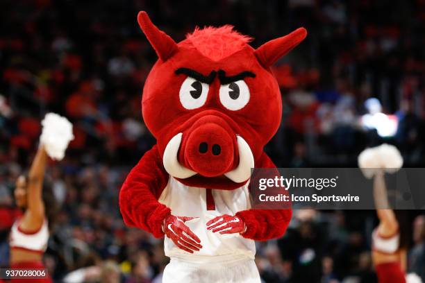 The Arkansas mascot entertains during a timeout during the NCAA Division I Men's Championship First Round basketball game between the Arkansas...