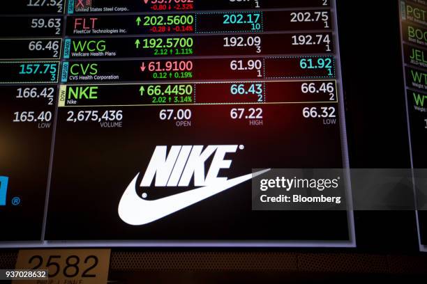 Monitor displays Nike Inc. Signage on the floor of the New York Stock Exchange in New York, U.S., on Friday, March 23, 2018. U.S. Stocks turned lower...