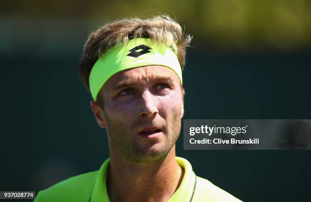 Liam Broady of Great Britain shows his dejection against Filip Krajinovic of Serbia in their second round match during the Miami Open Presented by...