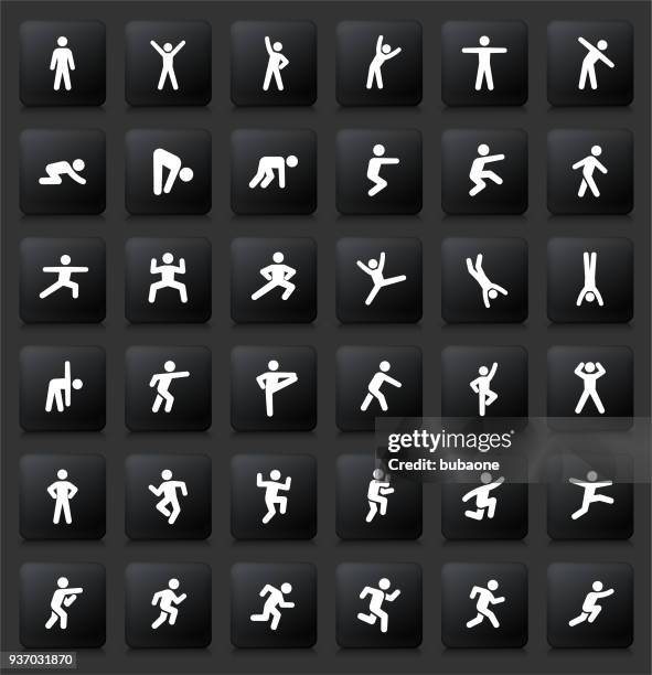 fitness and healthy lifestyle icon set on black buttons - stick figure arms raised stock illustrations