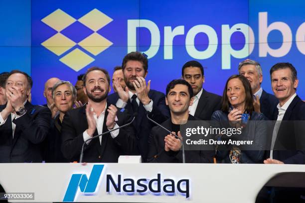 Dropbox CEO Drew Houston Dropbox and co-founder Arash Ferdowsi celebrate the launch of Dropbox's initial public offering as they ring the opening...