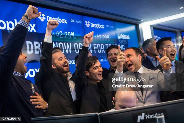 Dropbox CEO Drew Houston Dropbox and co-founder Arash Ferdowsi celebrate the launch of Dropbox's initial public offering at Nasdaq MarketSite, March...