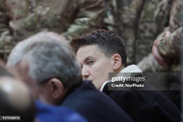 Ukrainian lawmaker Nadiya Savchenko speaks during a court hearing on a preventive punishment for her at a district court in Kiev, Ukraine, 23 March,...