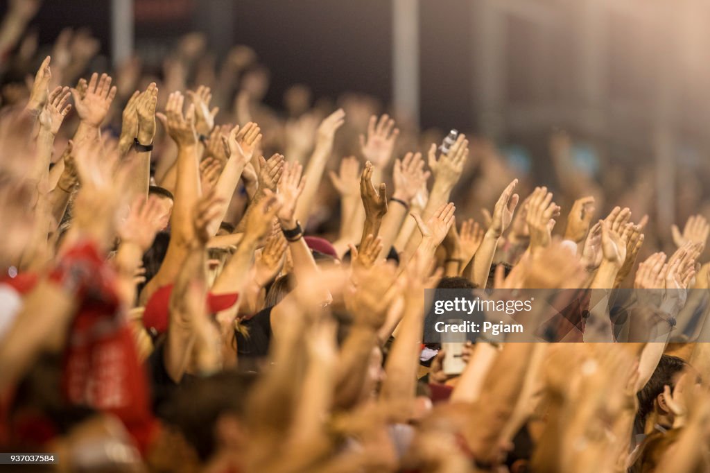 Passionate fans cheer and raise hands at a sporting event