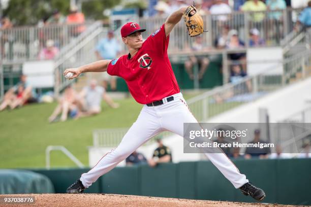 Aaron Slegers of the Minnesota Twins pitches during a spring training game against the Tampa Bay Rays on February 28, 2018 at the Hammond Stadium in...