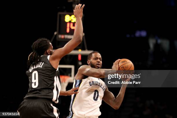 JaMychal Green of the Memphis Grizzlies works against DeMarre Carroll of the Brooklyn Nets in the second quarter during their game at Barclays Center...