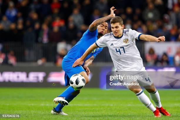 Gabriel Jesus of Brazil in action against Roman Zobnin of Russia during the international friendly match between Russia and Brazil at BSA OC...