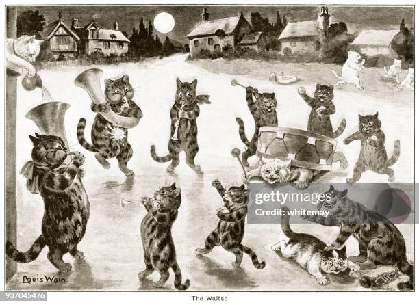 louis wain cats playing instruments - cats musical stock illustrations
