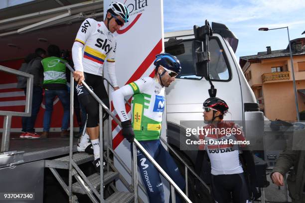 Podium / Sergio Luis Henao Montoya of Colombia and Team Sky / Alejandro Valverde Belmonte of Spain and Team Movistar White Leader Jersey / James Shaw...
