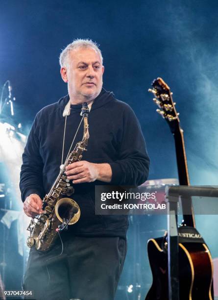 Musician Marco Zurzolo, plays saxophone during the concert "I sto vicino a te 63",tribute to themusician and singer Pino Daniele in the day of his...