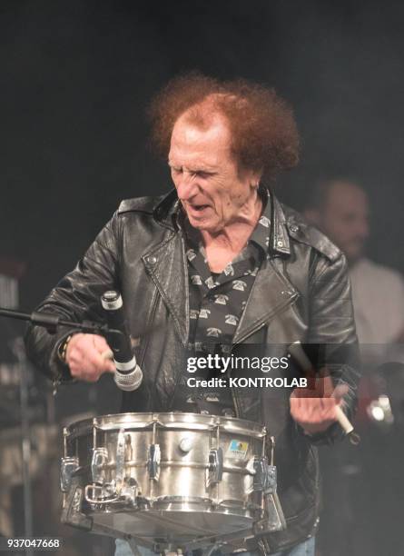 Musician Franco Del Prete plays drums during the concert "I sto vicino a te 63",tribute to the musician and singer Pino Daniele in the day of his...