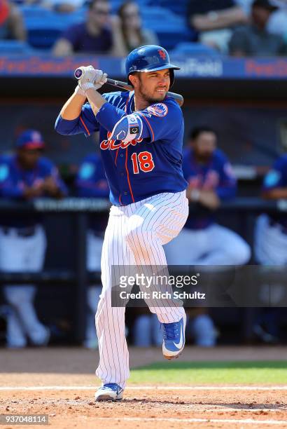 Travis d'Arnaud of the New York Mets in action during a spring training game against the Houston Astros at First Data Field on March 6, 2018 in Port...