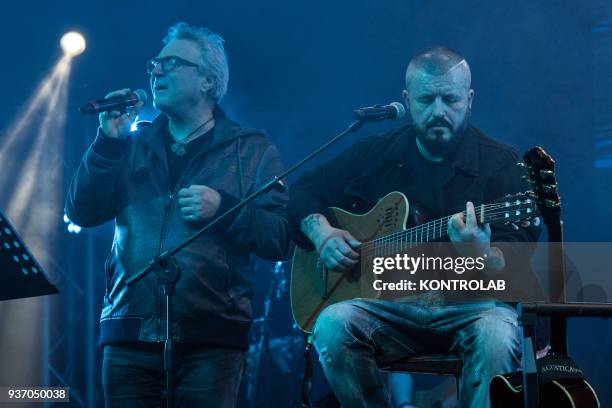 Musician Nello Daniele plays saxophone as singer eddy Napoli performs during the concert "I sto vicino a te 63",tribute to the musician and singer...