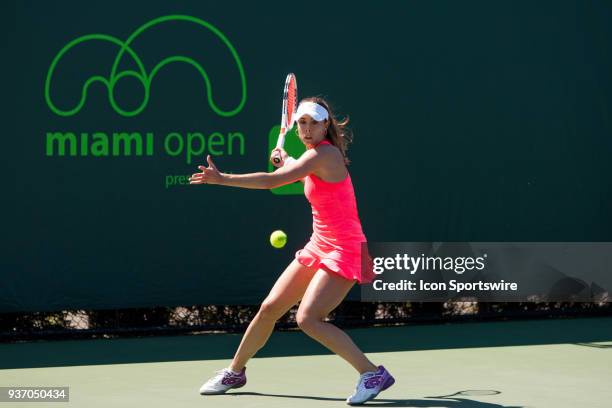 Alizé Cornet cin action on Day 4 of the Miami Open on March 22 at Crandon Park Tennis Center in Key Biscayne, FL.