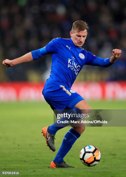 Marc Albrighton of Leicester City during the Emirates FA Cup Quarter Final match between Leicester City and Chelsea at The King Power Stadium on...