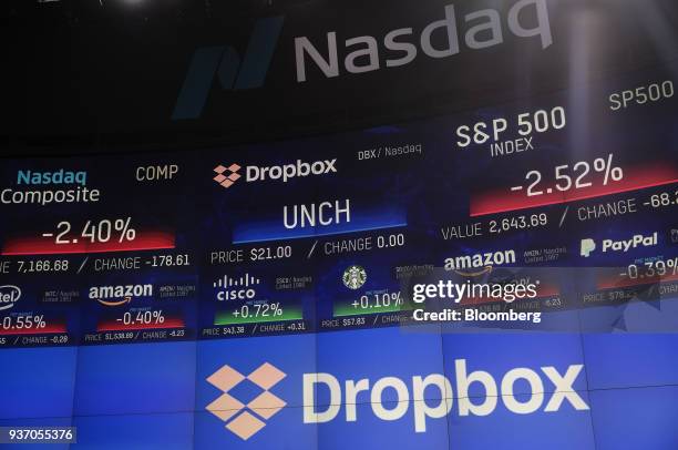 Dropbox Inc. Signage is displayed on a screen during the company's initial public offering at the Nasdaq MarketSite in New York, U.S., on Friday,...