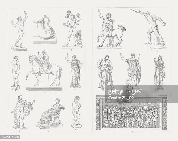 greek-roman and etruscan sculpture art, wood engravings, published 1897 - greek statue stock illustrations
