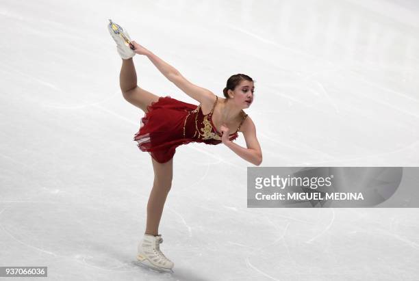 Switzerland's Alexia Paganini performs during the Ladies Free Skate program at the Milan World Figure Skating Championship 2018 in Milan on March 23,...