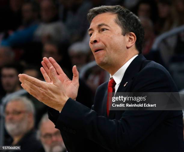 Andrea Trincheri, Head Coach of Brose Bamberg in action during the 2017/2018 Turkish Airlines EuroLeague Regular Season Round 28 game between Brose...