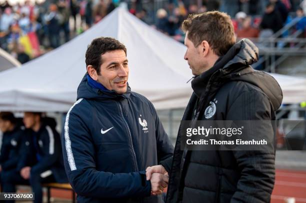 Coach Jose Alcocer of France and german coach Guido Streichsbier shake hands prior the U18 international friendly match between Germany and France at...