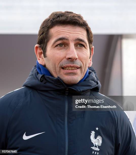 Coach Jose Alcocer of France reacts prior the U18 international friendly match between Germany and France at Ilburg Stadium on March 23, 2018 in...