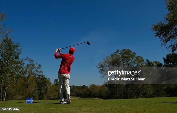 Brian Henninger hits his tee shot on the 11th hole during the first round of the Rapiscan Systems Classic at Fallen Oak Golf Course on March 23, 2018...