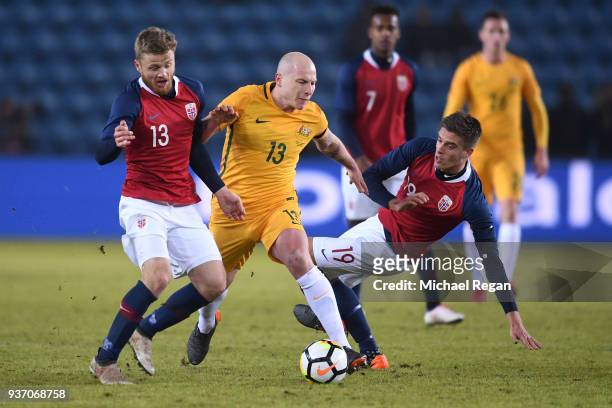 Aaron Moy of Australia in action with Fredrik Midtsjo of Norway and Markus Henriksen of Norway during the International Friendly match between Norway...