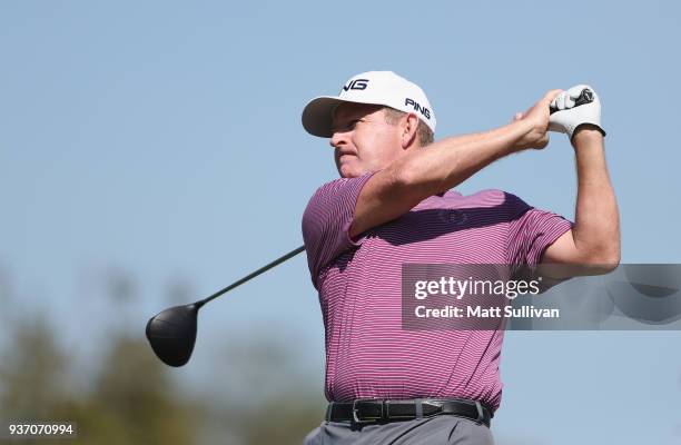 Jeff Maggert watches his tee shot on the first hole during the first round of the Rapiscan Systems Classic at Fallen Oak Golf Course on March 23,...