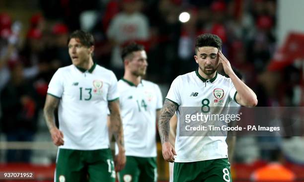 Republic of Ireland's Sean Maguire appears dejected after Turkey's Mehmet Topal scores his side's first goal of the game during the international...