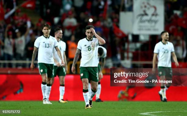 Republic of Ireland's Sean Maguire appears dejected after Turkey's Mehmet Topal scores his side's first goal of the game during the international...