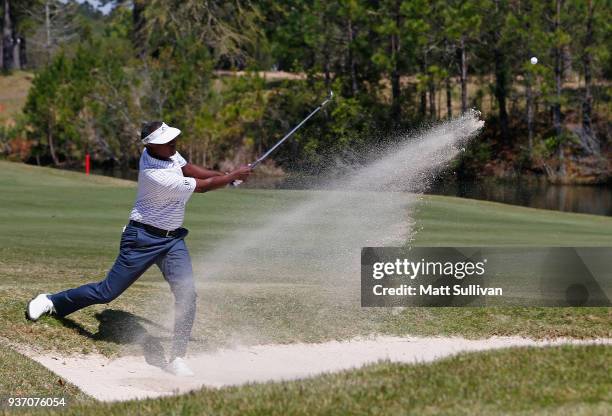 Vijay Singh of Fiji Islands hits from the sand on the first hole during the first round of the Rapiscan Systems Classic at Fallen Oak Golf Course on...