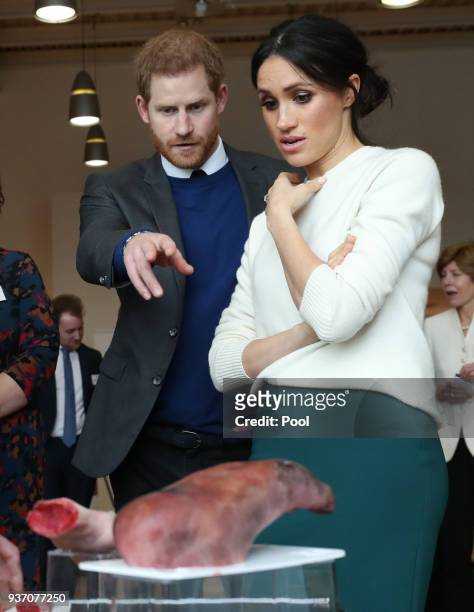 Prince Harry and Meghan Markle look at some prosthetic limbs made by the Titanic FX company during a visit to Catalyst Inc science park in Belfast...