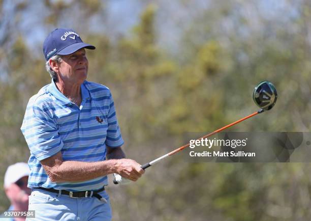 Danny Edwards watches his tee shot on the 11th hole during the first round of the Rapiscan Systems Classic at Fallen Oak Golf Course on March 23,...