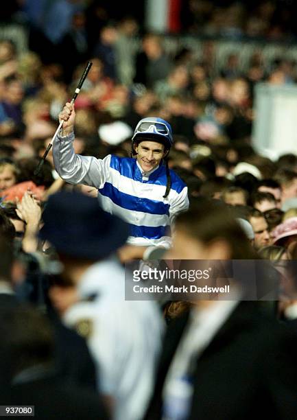 Jockey Scott Seamer on horse Ethereal returns to scale after winning the 2001 Caulfield Cup during the 2001 Caulfield Cup Race day at Caulfield...