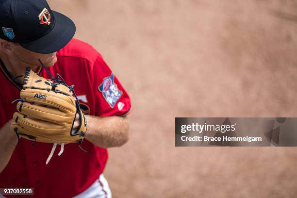 Aaron Slegers of the Minnesota Twins prior to a spring training game against the Tampa Bay Rays on February 25, 2018 at the Hammond Stadium in Fort...