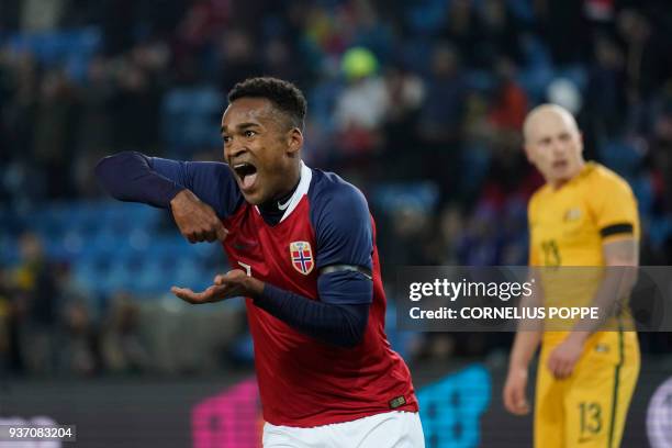 Norway's forward Ola Kamara celebreates after scoring during the international friendly football match of Norway vs Australia in Oslo, Norway, on...