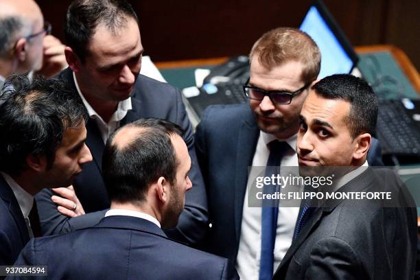 Five Stars Mouvement leader Luigi Di Maio looks on at the Chamber of Deputies in Rome on March 23 during the first session after the March 4 vote....