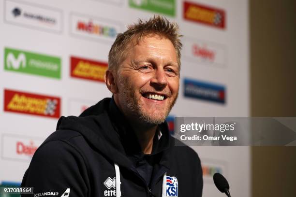 Head coach Heimir Hallgrímsson smiles during the Iceland press conference ahead of the FIFA friendly match against Mexico at Levi's Stadium on March...