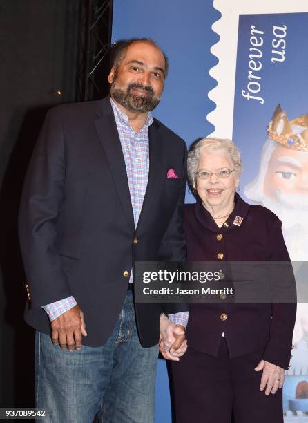 Joanne Rogers and former Pittsburgh Steeler Franco Harris attend the U.S. Postal Service Dedication of the Mister Rogers Forever Stamp at WQED's Fred...