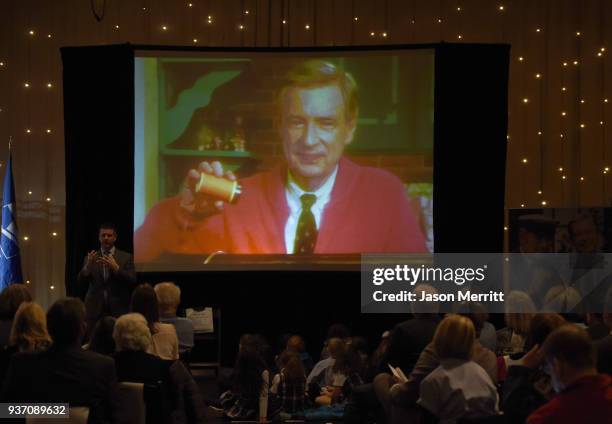 General view of atmosphere as the U.S. Postal Service Dedicates the Mister Rogers Forever Stamp at WQED's Fred Rogers Studio on March 23, 2018 in...