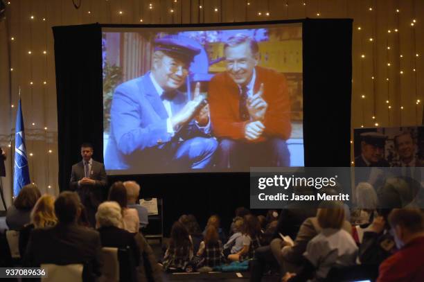 General view of atmosphere as the U.S. Postal Service Dedicates the Mister Rogers Forever Stamp at WQED's Fred Rogers Studio on March 23, 2018 in...