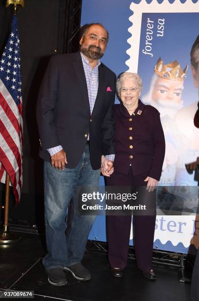 Joanne Rogers and former Pittsburgh Steeler Franco Harris attend the U.S. Postal Service Dedication of the Mister Rogers Forever Stamp at WQED's Fred...