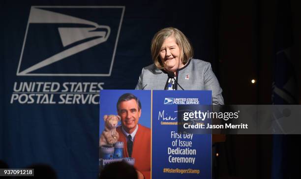 Post Master Megan J. Brennan attends the U.S. Postal Service Dedication of the Mister Rogers Forever Stamp at WQED's Fred Rogers Studio on March 23,...