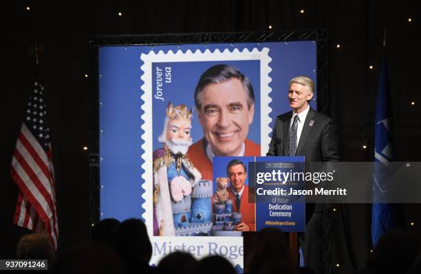 The Fed Rogers Company Paul Siefken attends the U.S. Postal Service Dedication of the Mister Rogers Forever Stamp at WQED's Fred Rogers Studio on...