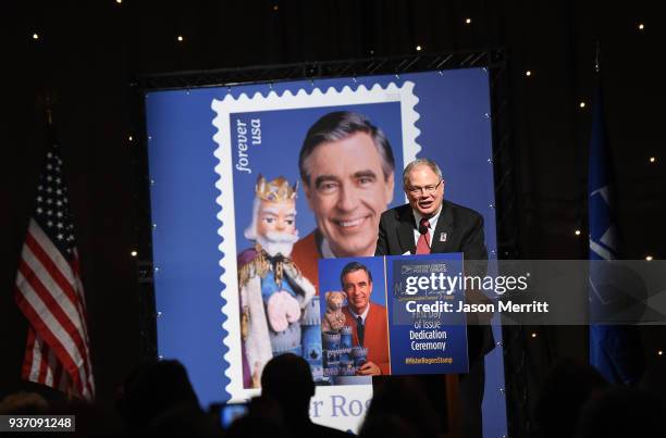 Art Director Jim Cunningham attends the U.S. Postal Service Dedication of the Mister Rogers Forever Stamp at WQED's Fred Rogers Studio on March 23,...